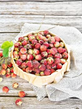 Wild ripe strawberries in a birch bark box with parchment, burlap on the background of wooden boards