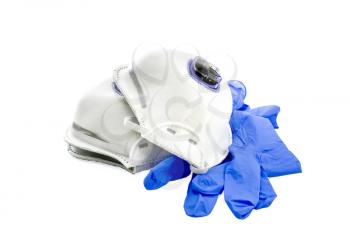White respirators and blue latex medical gloves isolated on white background