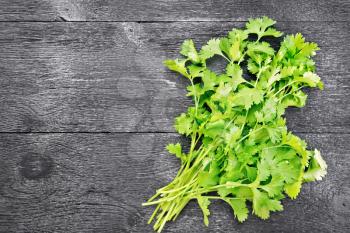 Fresh cilantro on a black wooden board background from above
