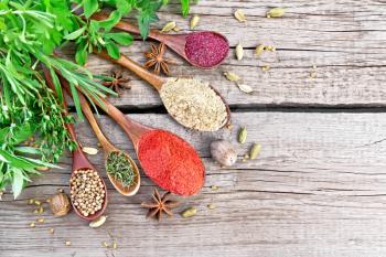 Hot pepper, ginger, coriander, dried thyme and sumac in spoons, nutmeg, cardamom, star anise and fenugreek, rosemary, parsley, thyme, mint and savory on wooden board background from above