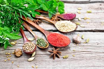 Hot pepper, ginger, coriander, dried thyme and sumac in spoons, nutmeg, cardamom, star anise and fenugreek, rosemary, parsley, thyme, mint and savory on wooden board background