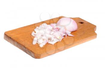 Royalty Free Photo of Diced Onions on a Cutting Board