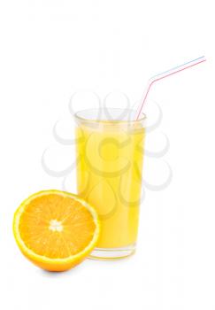 Royalty Free Photo of a Glass of Orange Juice With a Straw and Half an Orange