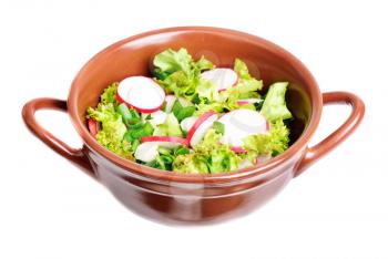 fresh salad with radishes, lettuce and onions on  bowl isolated on white