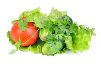Green salad and fresh vegetables  isolated on white background 
