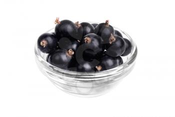 Fresh blackcurrant in glass bowl  isolated on  white