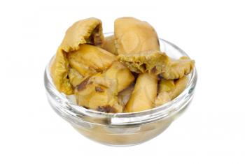 pickled mushrooms in glass bowl  isolated on  white



