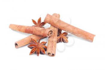 Cinnamone  and  anise-star  spice isolated  on white