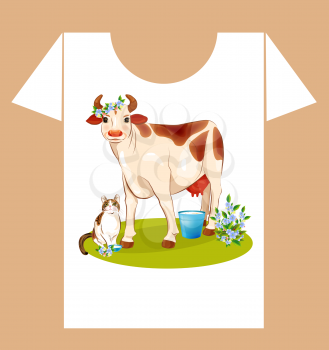 Royalty Free Clipart Image of a Cow and Cat on a T-Shirt