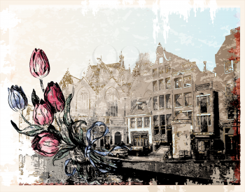 Royalty Free Clipart Image of a Vintage Illustration of an Amsterdam Street