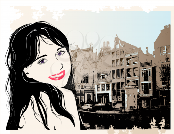 Royalty Free Clipart Image of a Woman Beside Buildings