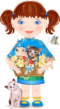 Royalty Free Clipart Image of a Girl Holding a Basket of Kittens
