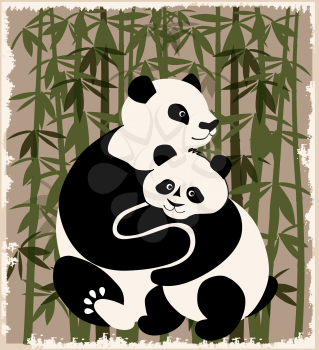 Royalty Free Clipart Image of Pandas in a Bamboo Forest