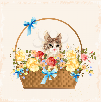 Royalty Free Clipart Image of a Cat in a Basket