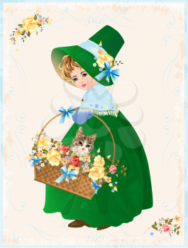 Royalty Free Clipart Image of a Girl Carrying a Basket With a Cat