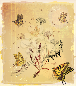 Royalty Free Clipart Image of Butterflies by Dandelions