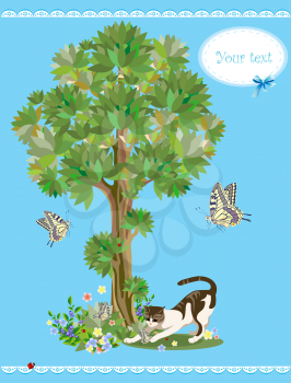 Royalty Free Clipart Image of a Cat Playing Outdors