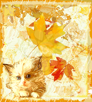 Royalty Free Clipart Image of a Cat and Leaf Background