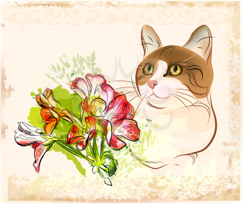 Royalty Free Clipart Image of a Cat and Flowers
