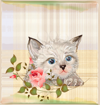 Royalty Free Clipart Image of a Kitten With Flowers