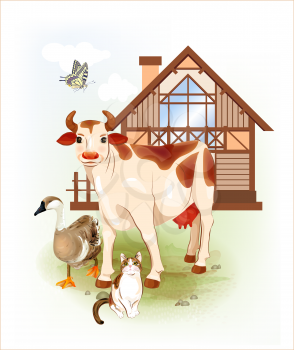 Royalty Free Clipart Image of Animals In Front of a House