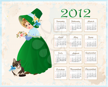Royalty Free Clipart Image of a Girl With a Cat on a Calendar