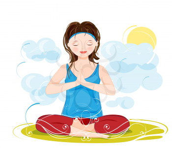 illustration of a beautiful young woman meditating in yoga lotus position 