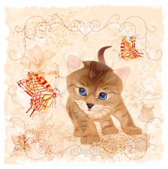 birthday card with little  kitten, flowers and butterflies