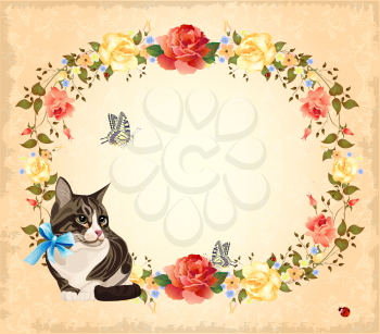 greeting card with cat,  roses and butterflies