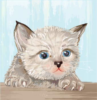hand drawn portrait of the fluffy kitten  with blue eyes
