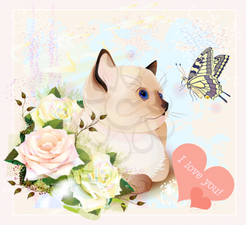 Valentines day greeting card with kitten, butterfly and roses