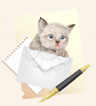 Fluffy kitten with envelope. Postage illustration
