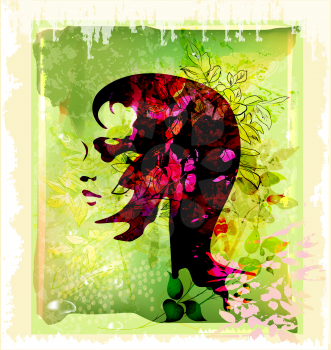 silhouette  of beautiful young woman on the floral background