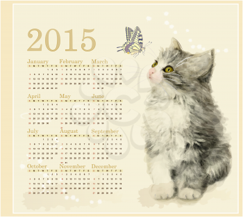 Calendar 2015 with fluffy kitten and butterfly