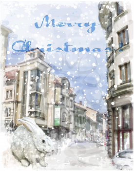bunny on the city street. Christmas greeting card.