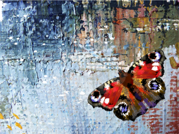 Abstract background with butterfly. Oil paints on canvas