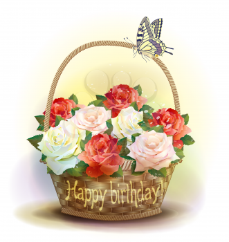Wicker basket with roses. Birthday card.