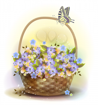 Wicker basket with violets. Victorian style.