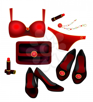 seductive lingerie, lipstick, clutch, necklace, and shoes