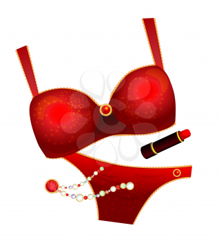 seductive red  lingerie, lipstick and necklace