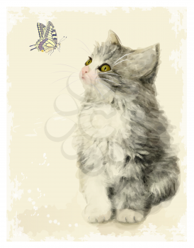 Vintage greeting card with fluffy kitten and butterfly.  Imitation of Chinese painting. Watercolor style.