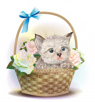 Illustration of  the fluffy kitten sitting in a basket with roses