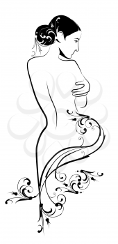 freehand sketch of beautiful girl with floral arabesque in art nouveau style