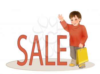 Cute kid with paper bag. Sale of children's clothing.