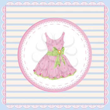vintage label with pink dress decorated with  green bow