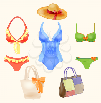 set of swimsuits and  beach handbags 