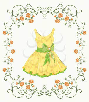 vintage label with yellow dress and floral frame