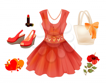 Fashion kit for girls. Dress, handbag, flower, lipstick and sandals.