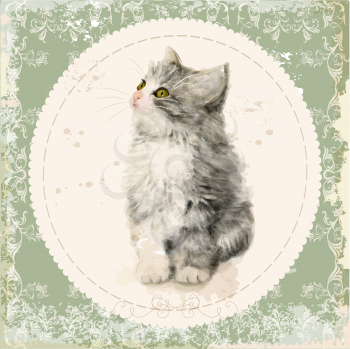 Vintage card with fluffy kitten. Imitation of watercolor painting. 