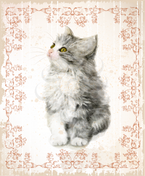 Vintage card with fluffy kitten. Imitation of watercolor painting. 